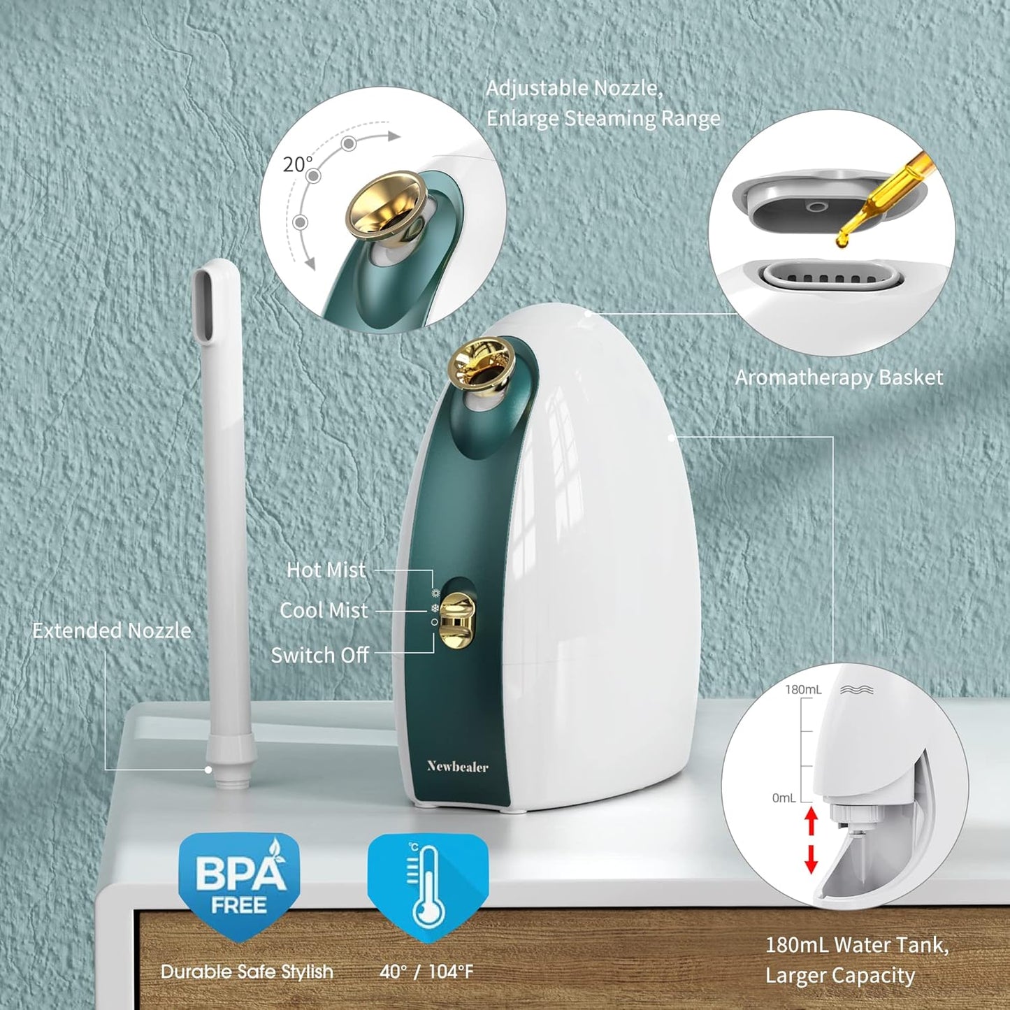 3In1 Facial Steamer Bundle with Extended Nozzle, Upgraded Spa Experience, Extra Flexibility for Personal Care Use at Home or Salon